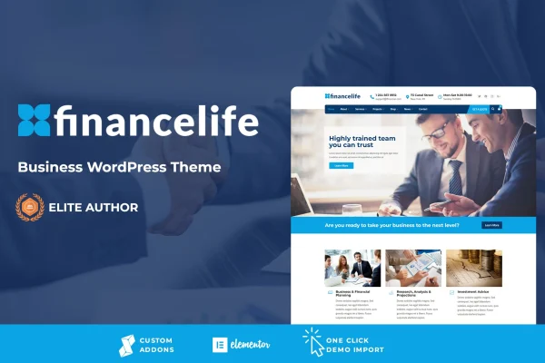 FinanceLife business WordPress theme preview for financial services websites