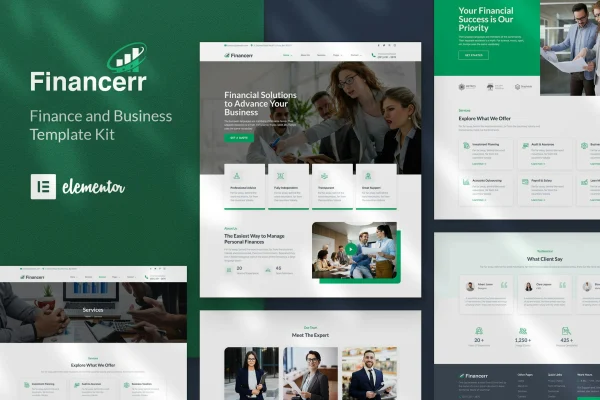 Financerr business and finance Elementor template kit preview