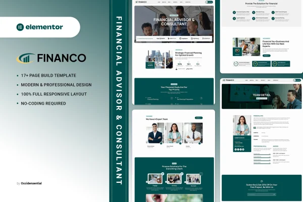 Financo financial advisor Elementor template kit preview