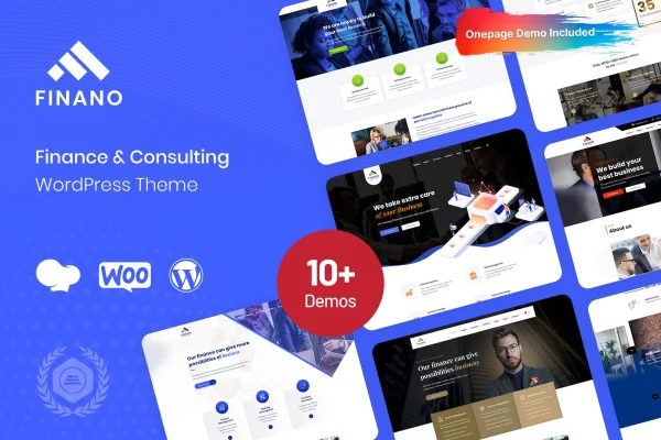 Finano finance WordPress theme preview showing a financial services homepage