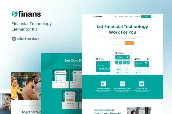 Finans fintech Elementor Pro template kit preview showing website page layouts