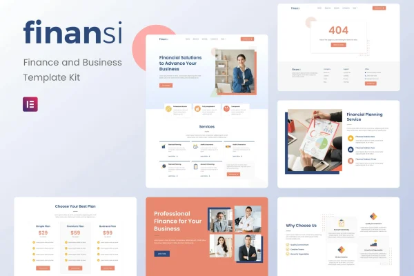 Finansi finance and business Elementor template kit cover showing page layouts