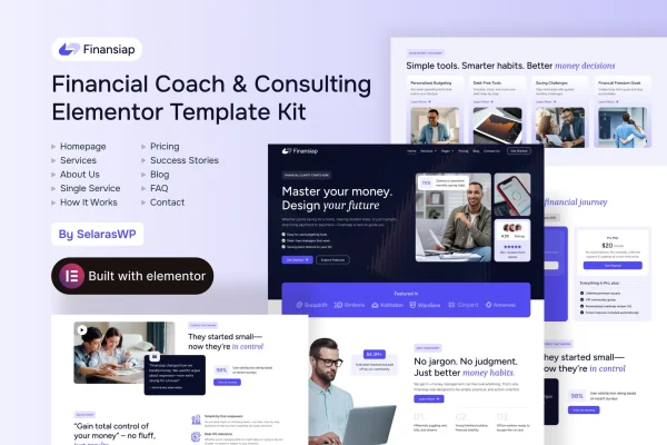 FinanSiap Elementor Pro template kit preview for financial coach and consulting websites