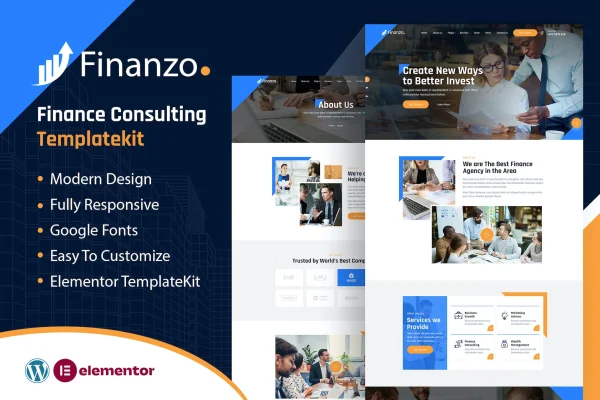 Finanzo finance consulting Elementor template kit cover showing website page designs
