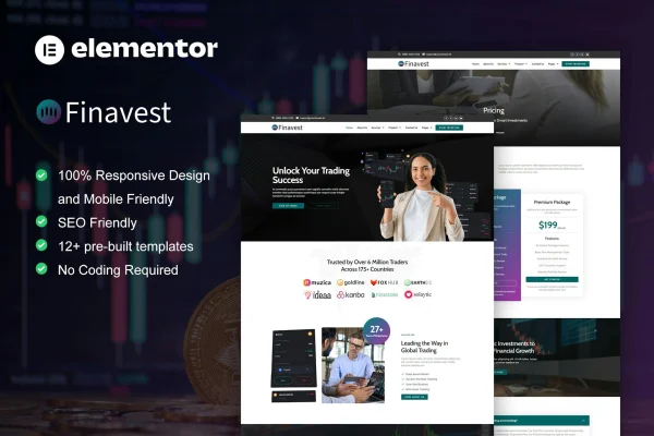 Finavest trading and investment Elementor Pro template kit preview
