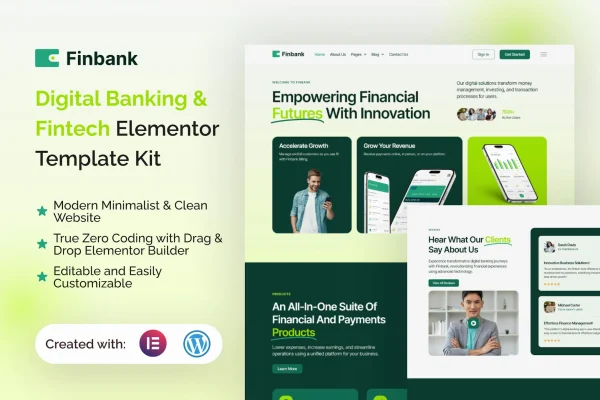 Finbank digital banking and fintech Elementor template kit preview