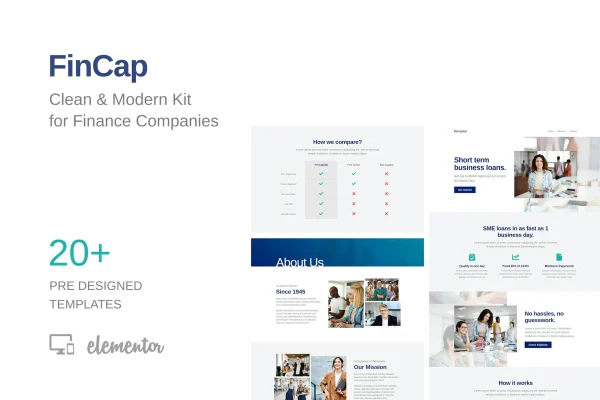 FinCap finance Elementor template kit preview showing website page layouts