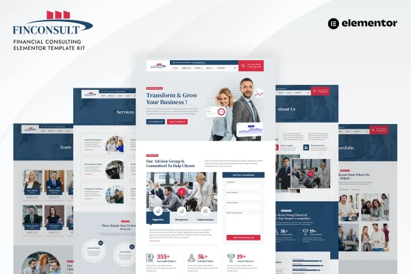 Finconsult financial consulting Elementor template kit page previews