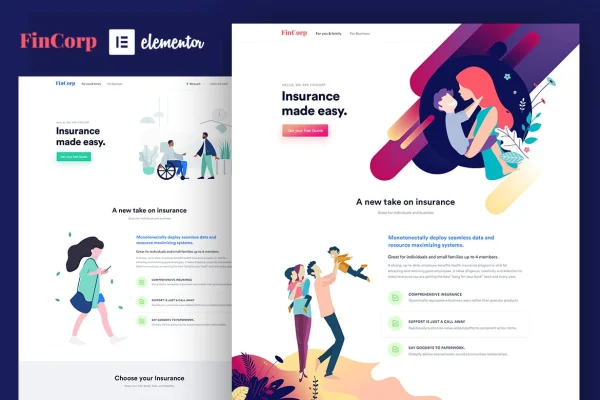 FinCorp insurance and marketing Elementor template kit preview with colorful SVG illustrations