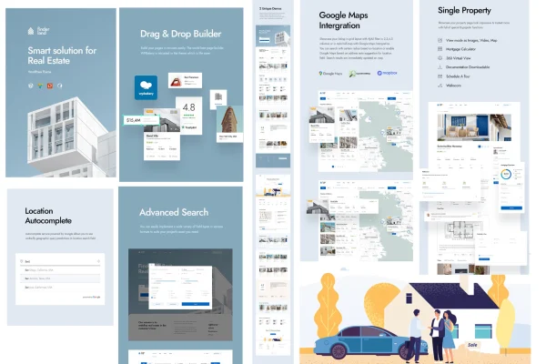 Finderland real estate WordPress theme preview with property listings