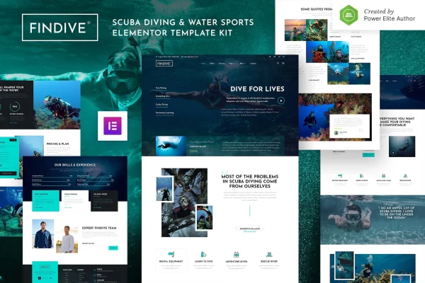 Findive scuba diving and water sports Elementor template kit preview