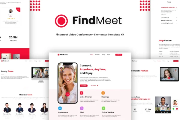 Findmeet video conference Elementor template kit preview showing event website pages
