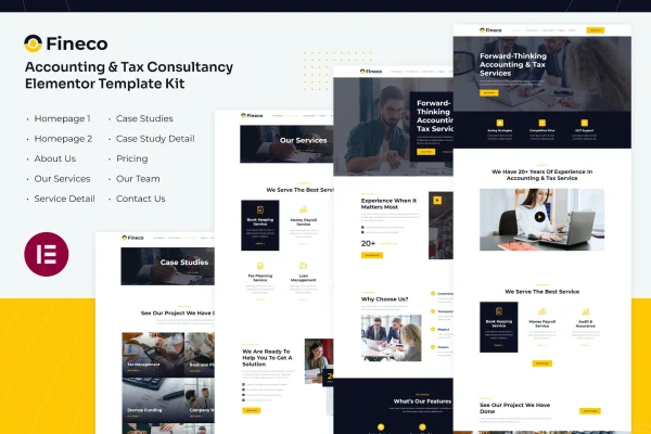 Fineco accounting and tax consultancy Elementor template kit page previews