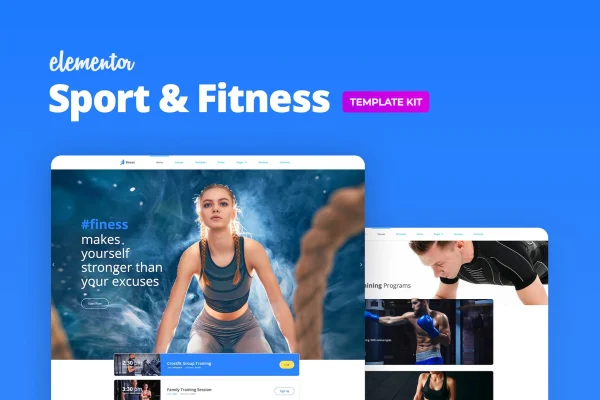 Finess fitness Elementor template kit preview with gym website pages
