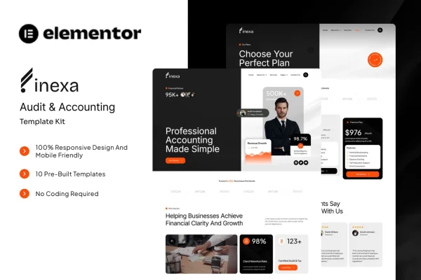 Finexa audit and accounting Elementor template kit page previews