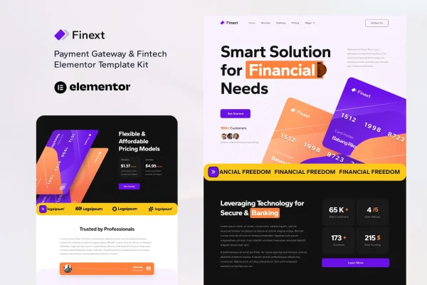 Finext fintech and payment gateway Elementor template kit preview