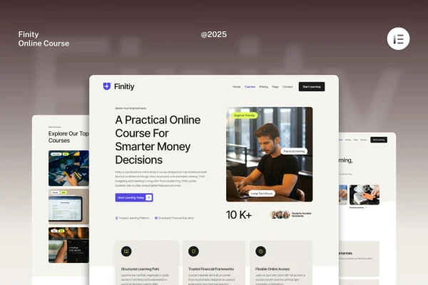 Finity Elementor template kit preview for a financial online course website