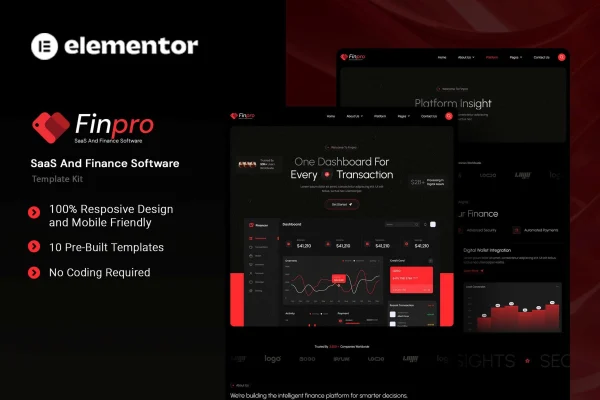 Finpro SaaS and finance software Elementor template kit preview