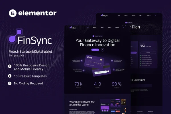 FinSync Elementor template kit cover showing fintech and digital wallet website pages