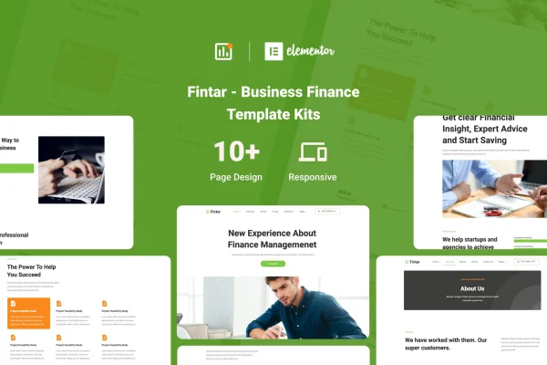 Fintar finance management Elementor template kit cover showing website page layouts