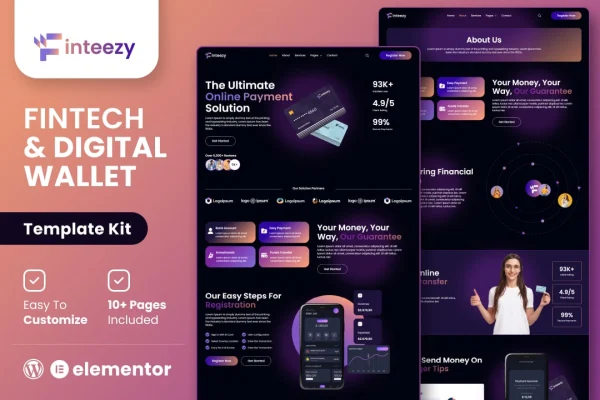 Finteezy fintech and digital wallet Elementor template kit preview