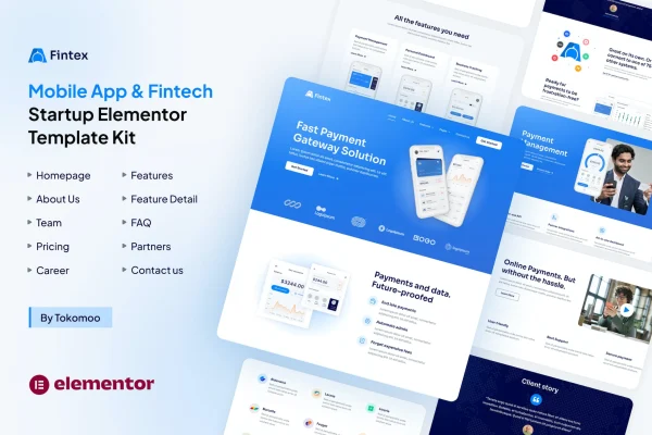Fintex fintech and mobile app Elementor template kit preview with dark page layouts