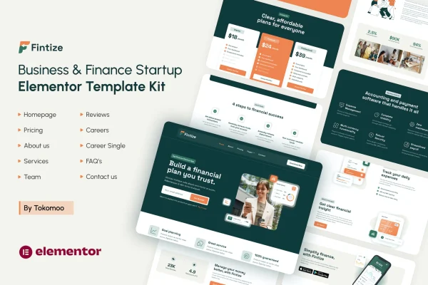 Fintize business and finance startup Elementor template kit preview