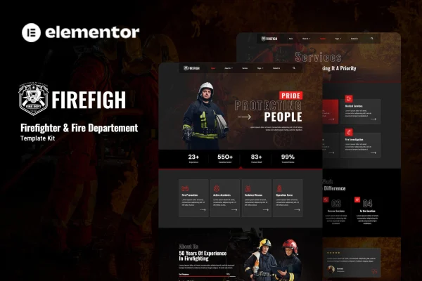 Firefigh firefighter and fire department Elementor template kit preview