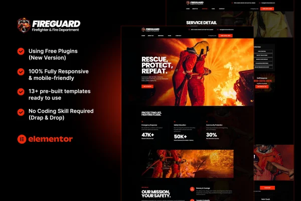 FireGuard firefighter and fire department Elementor template kit cover image