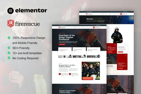 FireRescue Elementor template kit preview for firefighter and fire department websites