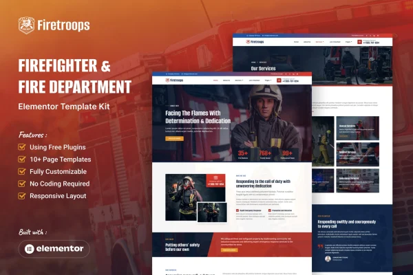 Firetroops Elementor template kit preview for a fire department website