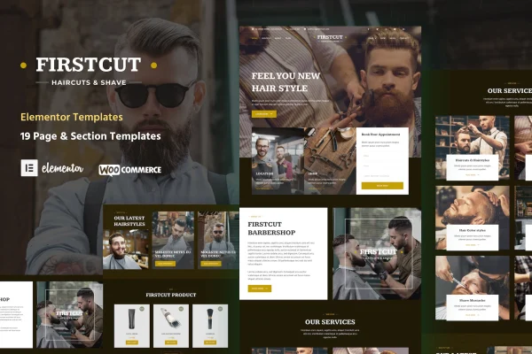 FirstCut barbershop and men's grooming Elementor template kit preview