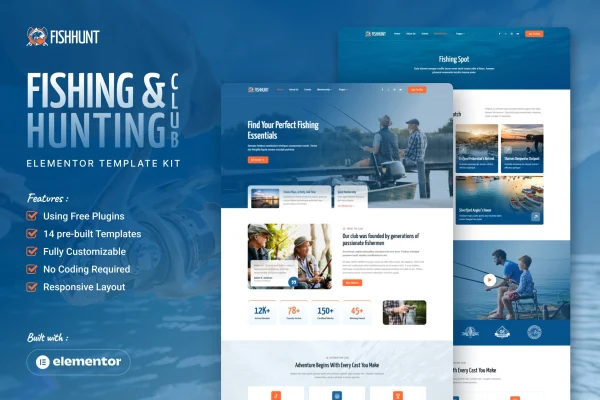 Fishhunt fishing and hunting club Elementor template kit preview