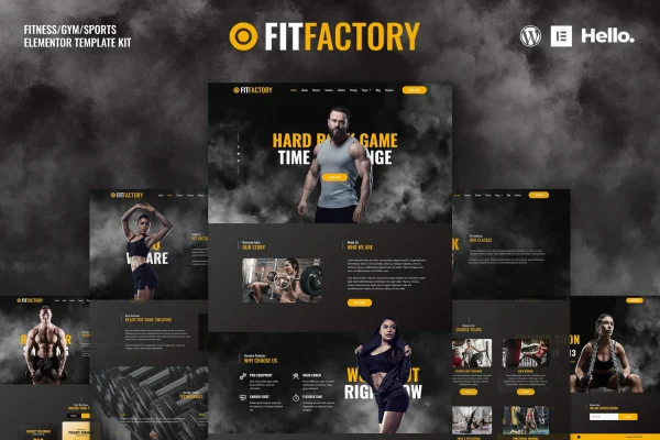 Fit Factory fitness gym Elementor template kit preview with dark style page layouts