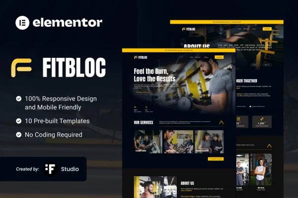 Fitbloc fitness and wellness Elementor template kit page previews