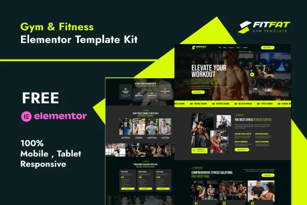 Fitfat gym and fitness Elementor template kit cover showing website page layouts