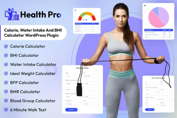 Fitness Calculator plugin banner showing calorie and BMI calculator tools