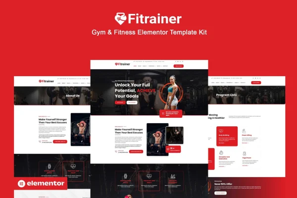 Fitrainer gym and fitness Elementor template kit page previews