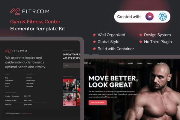 Fitroom gym and fitness center Elementor template kit preview