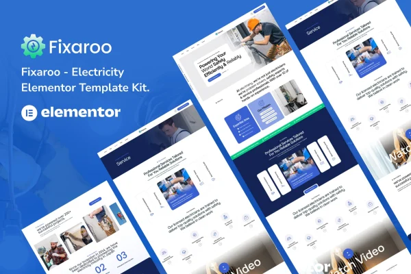 Fixaroo electricity services Elementor template kit cover showing website page layouts
