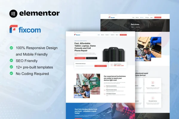 Fixcom Elementor template kit for mobile phone and computer repair websites