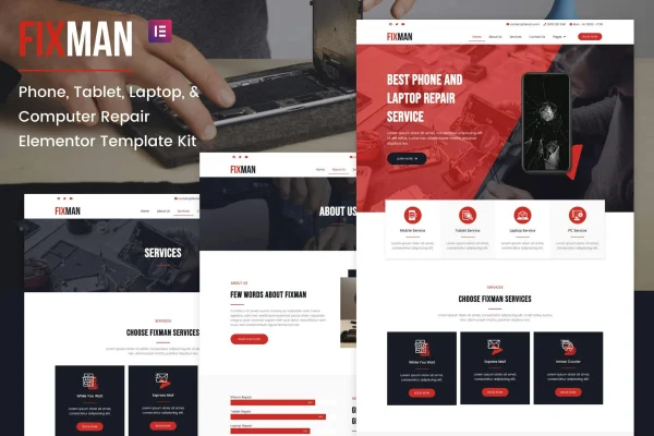 Fixman Elementor template kit preview for a smartphone and laptop repair website