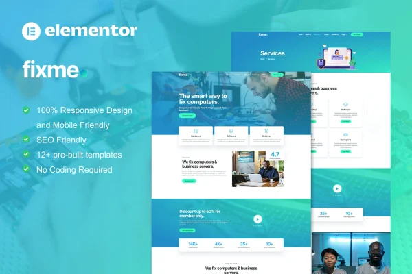 Fixme computer repair service Elementor template kit preview