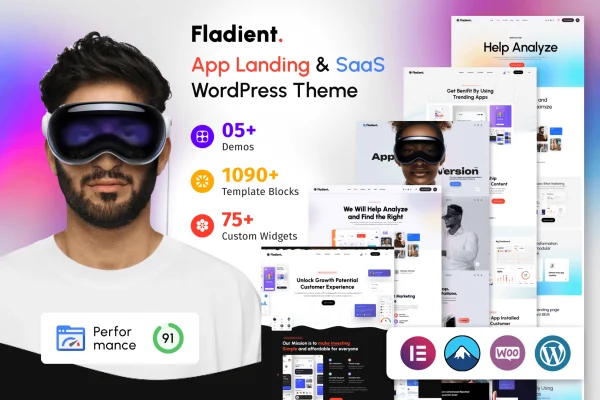 Fladient app landing page and SaaS WordPress theme preview