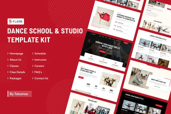 Flaire dance school and studio Elementor template kit cover image