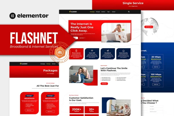 Flashnet broadband and telecom Elementor template kit page layouts preview