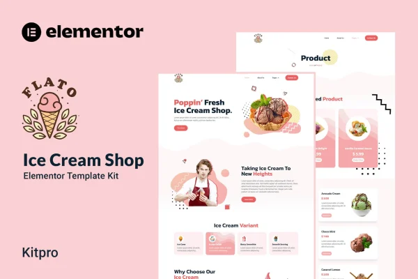 Flato ice cream shop Elementor template kit preview with colorful dessert page layouts
