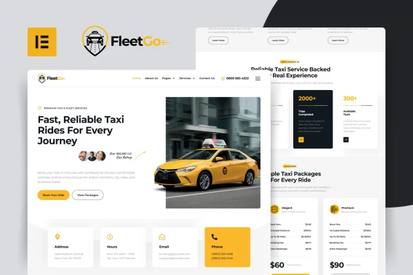 FleetGo taxi fleet services Elementor Pro template kit preview