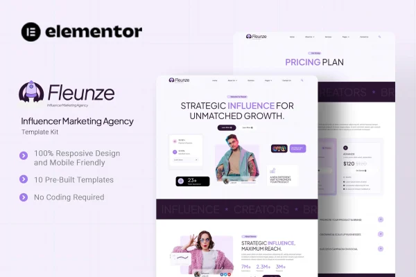 Fleunze influencer marketing agency Elementor template kit preview