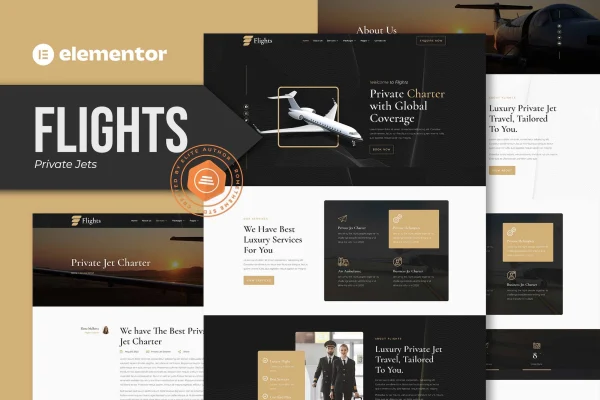 Flights private jets Elementor template kit cover with orange and white aviation page designs